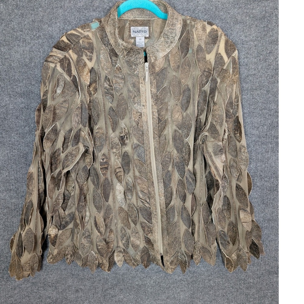 Natto Genuine Lamb Leather 3D Leaf Mesh Zip Jacket Metallic Tan Bronze Womens 2X